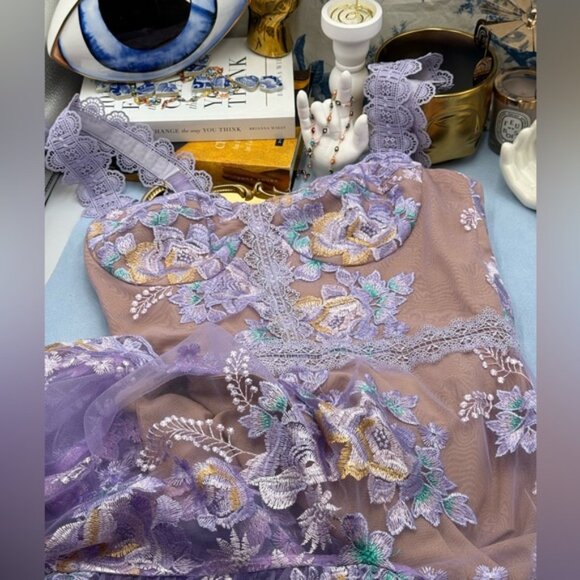 🆕 BRONX & BANCO 🧿 NWOT Eva Embroidered High-Low Midi Dress, Purple Sz M US 6 - Picture 13 of 16